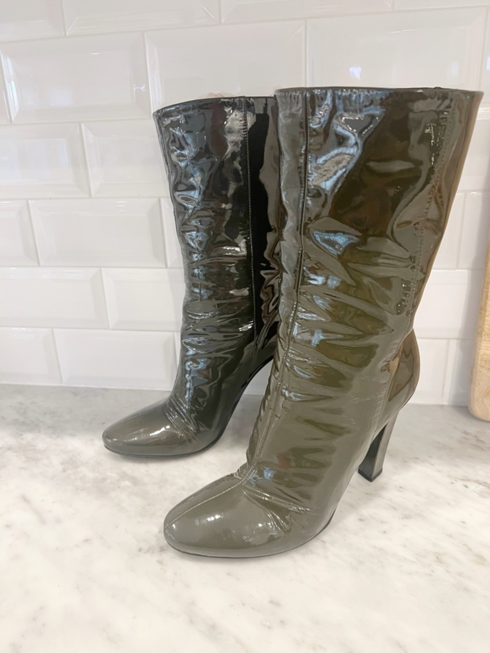 Jimmy Choo Helena Patent Mid-Calf Heeled Boots (Gray, 38.5)